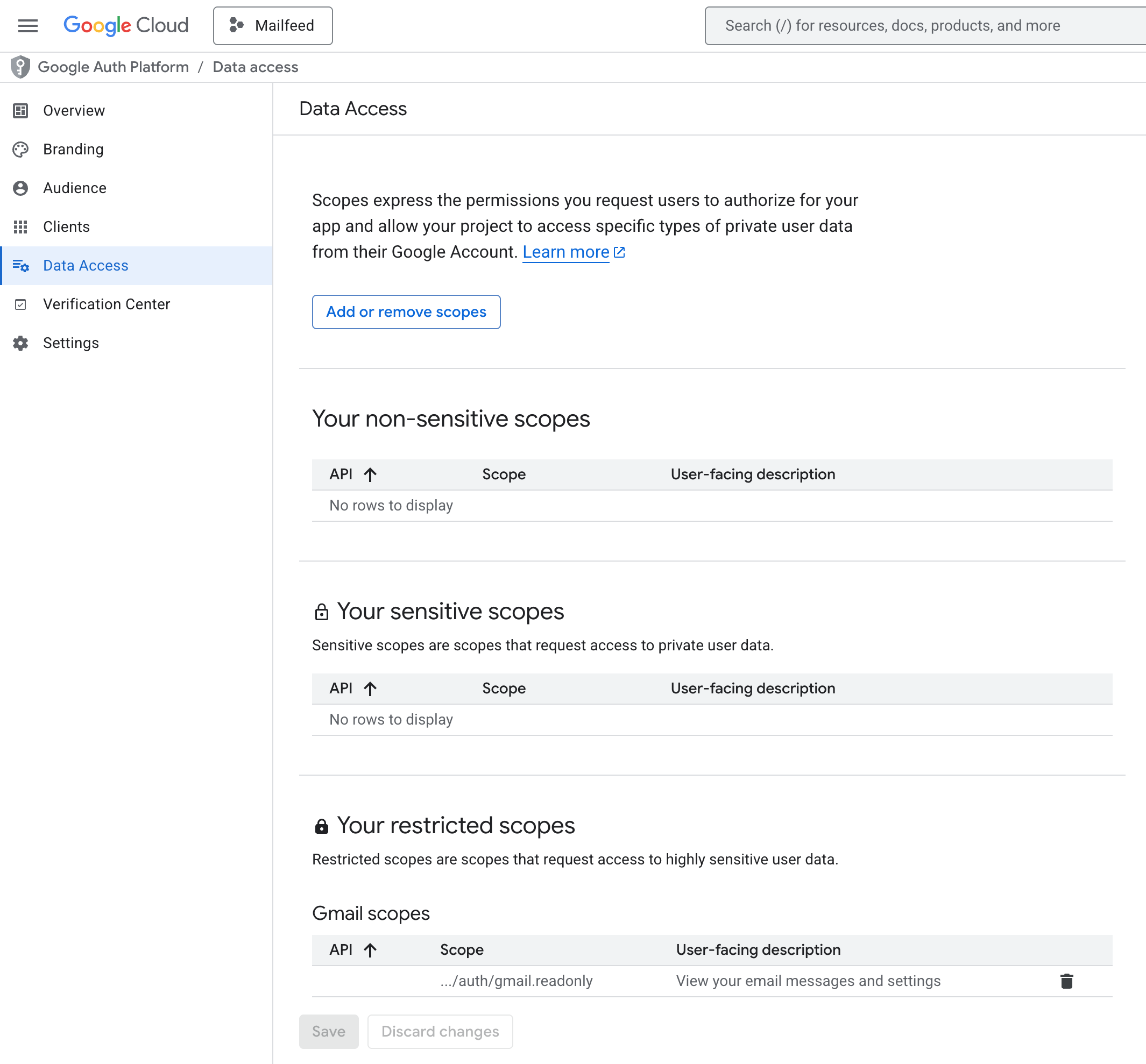 Add or Remove Scopes dialog with gmail.readonly scope selected