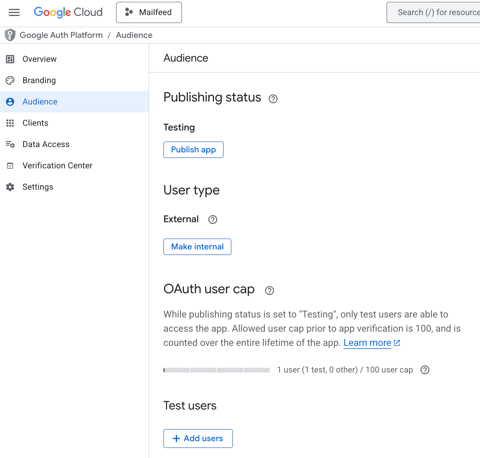 OAuth consent screen configuration with app name, scopes, and test users