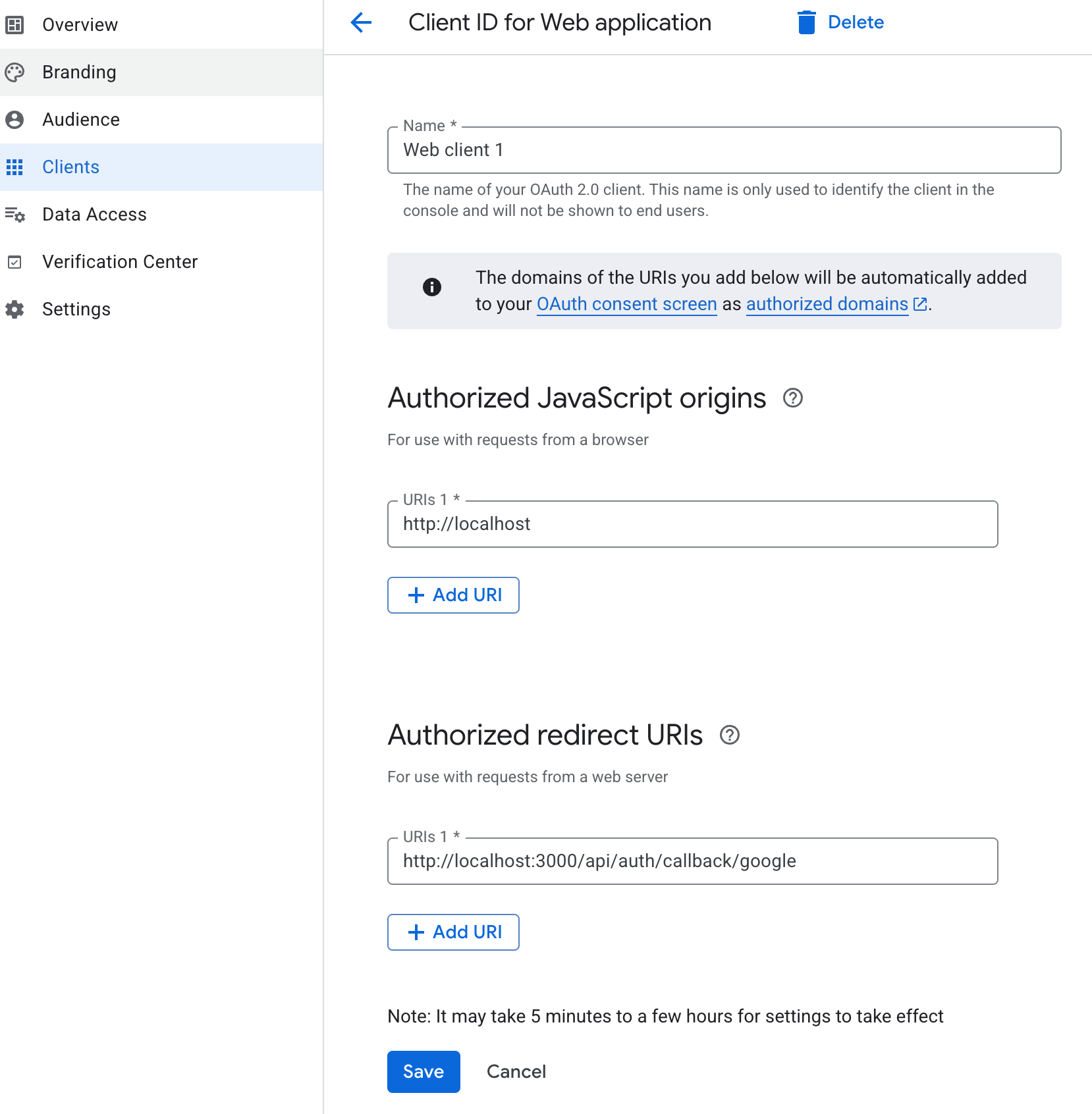 Create OAuth client ID form with Web application type and redirect URI