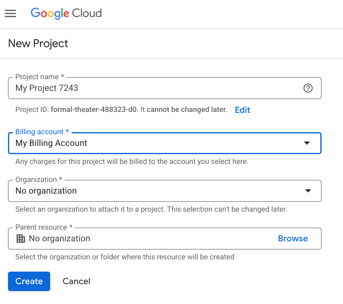 Google Cloud Console — Create Project page with project name field