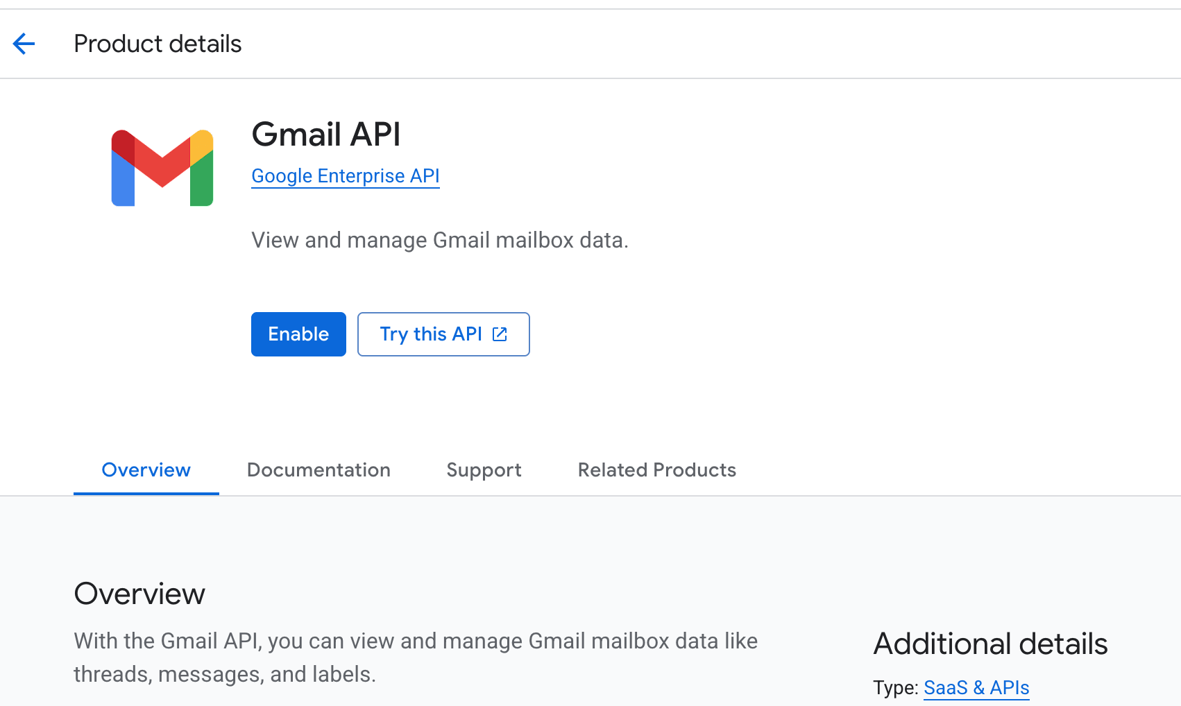 Gmail API page in API Library with the Enable button highlighted